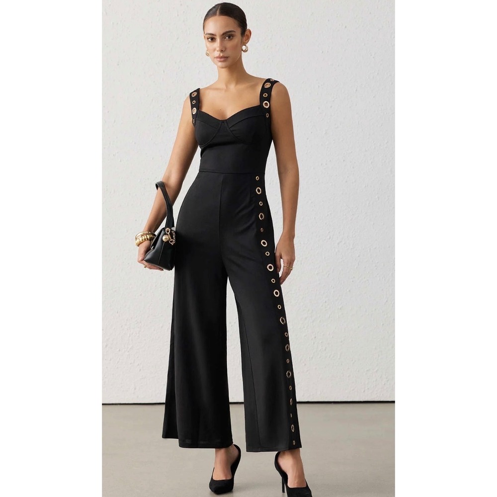 Micas Black Eyelet Wide Leg Jumpsuit Gold Grommet Sweetheart XL NEW